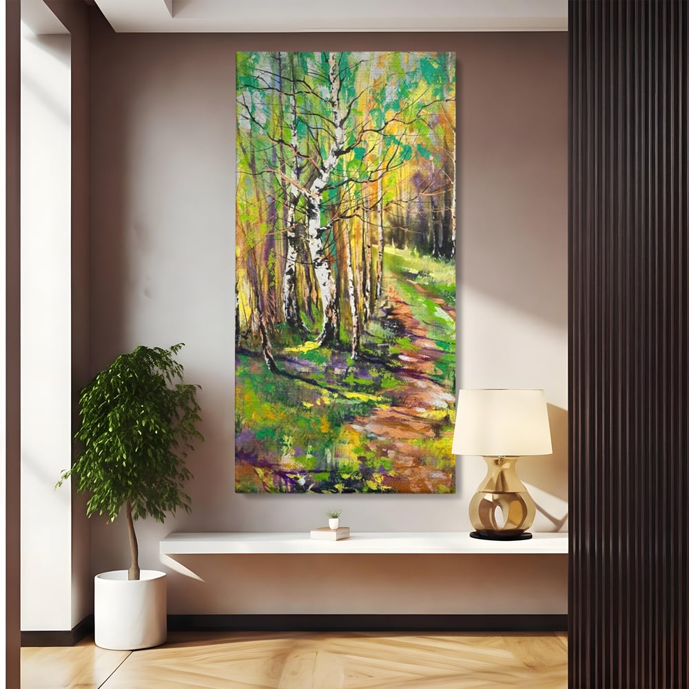 Tablou canvas cu tablou canvas cu padure si mesteacani, fara rama, pe sasiu de lemn